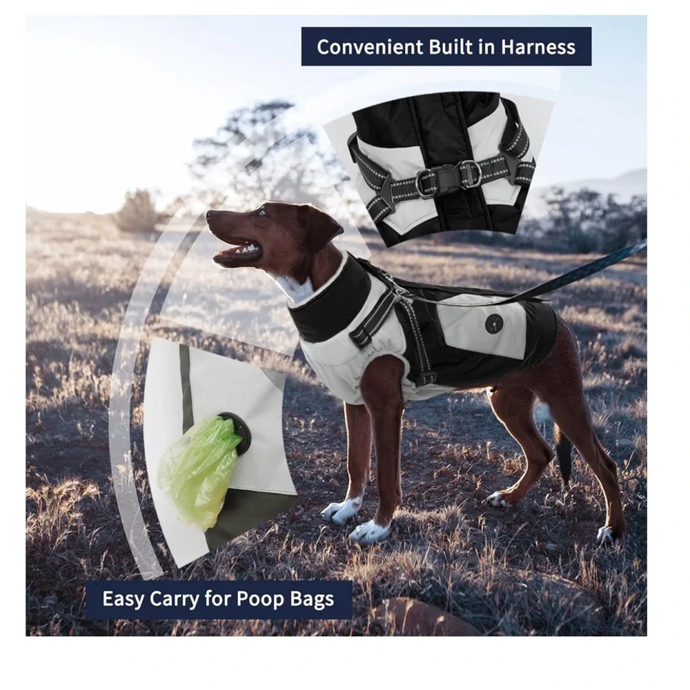 Dog/Cat Coat With Harness Built In - Black, Large - Waterproof Winter Coat/294-4
